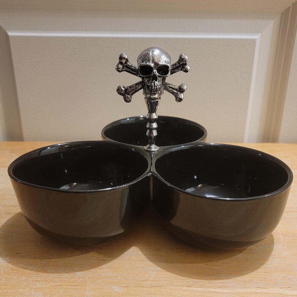 Black Ceramic & Metal 3 section dish with Skull & Crossbones handle. Catch All.